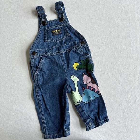 Vintage Oshkosh Bgosh Blue Denim Dinosaur Overalls Made USA 6 - 9 M